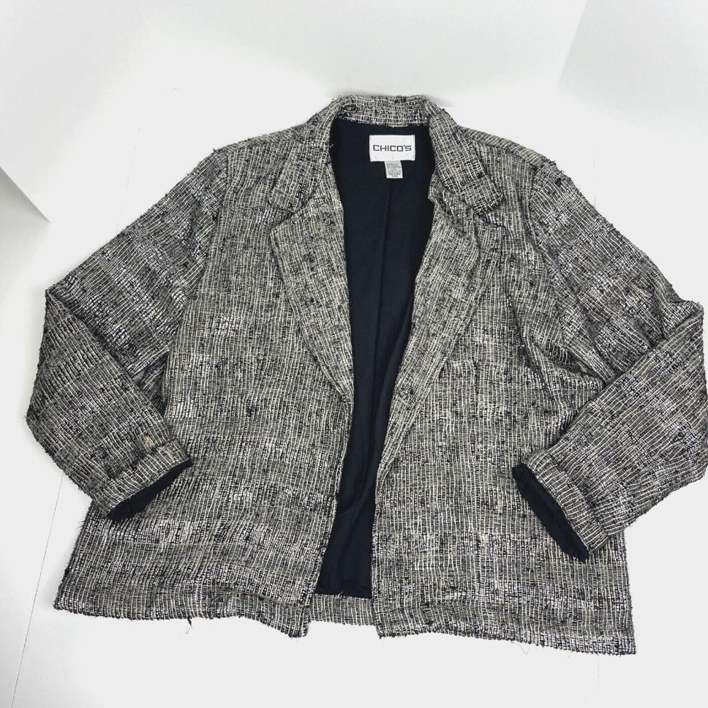 Chicos Size 2 Silk Blend‎ Jacket Silver Metallic Grey and Black Chunky Woven